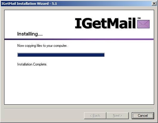 The IGetMail installation progress bar.