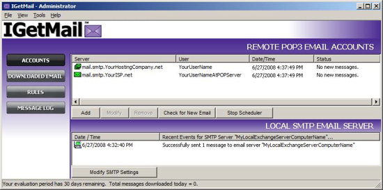 Watch IGetMail deliver your POP3 email to your Exchange Server in real-time!