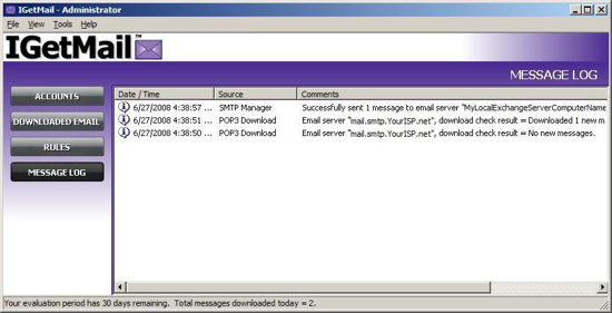 View the recent email downloading activities performed by IGetMail from the Message Log.